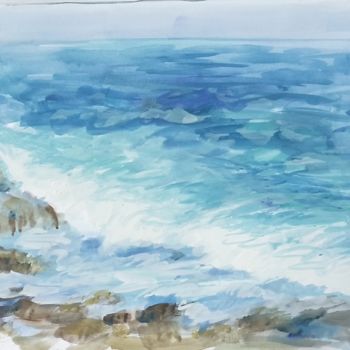 Pintura intitulada "Blue Atlantic waves…" por Oxana Sakharzeva, Obras de arte originais, Aquarela