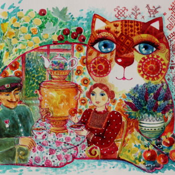 Painting titled "chat russe" by Oxana Zaika, Original Artwork, Ink