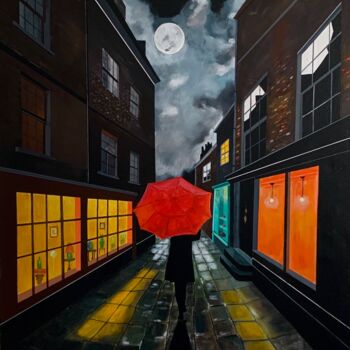 Painting titled "Le parapluie Rouge" by Paddy, Original Artwork, Acrylic Mounted on Wood Stretcher frame