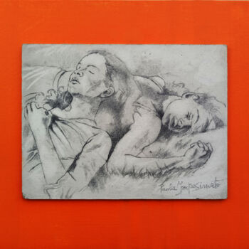 Drawing titled "A REST ON THE GRASS" by Paola Imposimato, Original Artwork, Pencil Mounted on Wood Panel