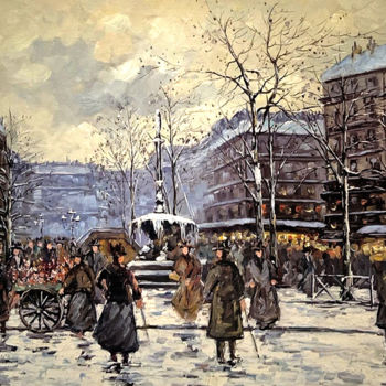 "Place du Théâtre de…" başlıklı Tablo Paris Street Scene tarafından, Orijinal sanat, Petrol Ahşap Sedye çerçevesi üzerine mo…