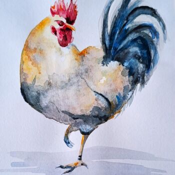 Painting titled "Coq" by Pascale Alloncle, Original Artwork, Watercolor