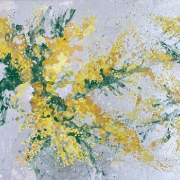 「"Les mimosas" 55X45…」というタイトルの絵画 Pascale Kuentzによって, オリジナルのアートワーク, 顔料 ウッドストレッチャーフレームにマウント