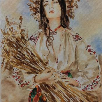 Pintura intitulada "Ukrainian woman in…" por Pasha Laponog, Obras de arte originais, Aquarela