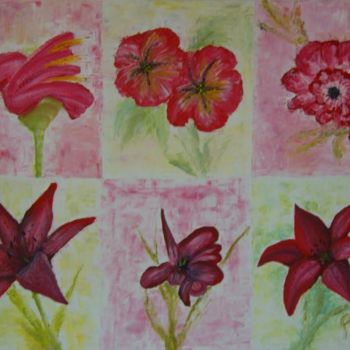 Schilderij getiteld "Six Fleurs contempo…" door Patrice Butel, Origineel Kunstwerk, Olie