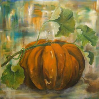 Painting titled "Citrouille au jardin" by Patricia Blanchet-Olivier, Original Artwork, Oil