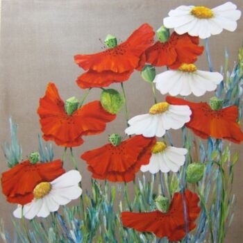 Painting titled "coquelicots et marg…" by Patricia Blanchet-Olivier, Original Artwork, Oil Mounted on Wood Stretcher frame