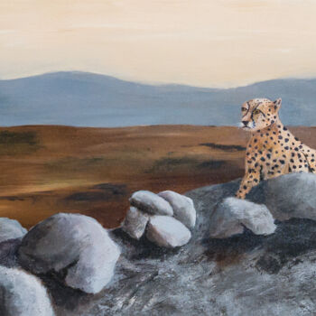 「Cheetah at Dawn」というタイトルの絵画 Patricia Gouldによって, オリジナルのアートワーク, アクリル ウッドストレッチャーフレームにマウント