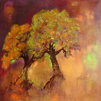 Painting titled "Les arbres topaze" by Patricia Ritschard, Original Artwork, Acrylic Mounted on Wood Stretcher frame