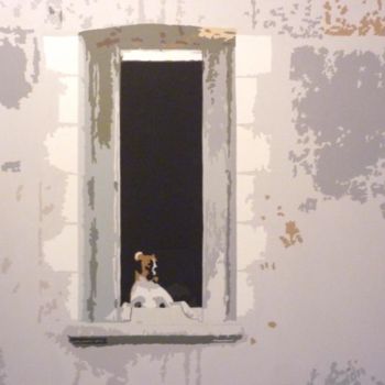 Schilderij getiteld "Chien à sa fenêtre" door Patricia Herve, Origineel Kunstwerk, Olie