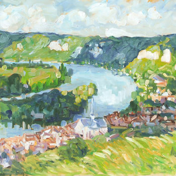 Painting titled "Vue des Andelys" by Patrick Marie, Original Artwork, Oil Mounted on Wood Stretcher frame