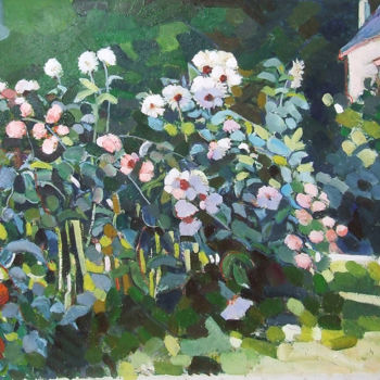 Painting titled "Massif de dahlias" by Patrick Marie, Original Artwork, Oil Mounted on Wood Stretcher frame