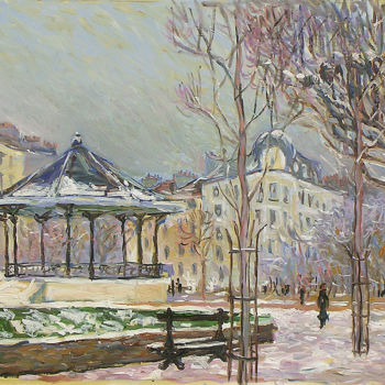 Ζωγραφική με τίτλο "Le kiosque - Paris" από Patrick Marie, Αυθεντικά έργα τέχνης, Λάδι Τοποθετήθηκε στο Ξύλινο φορείο σκελετό