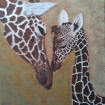 Schilderij getiteld "Girafe et son petit" door Patrick Martin, Origineel Kunstwerk, Acryl