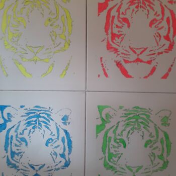 Painting titled "Les 4 tigres" by Patrick Mauxion (MAUX), Original Artwork, Acrylic Mounted on Wood Stretcher frame