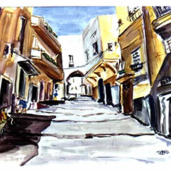 Painting titled "Médina Tanger" by Patrick Tubaro, Original Artwork, Watercolor Mounted on Other rigid panel