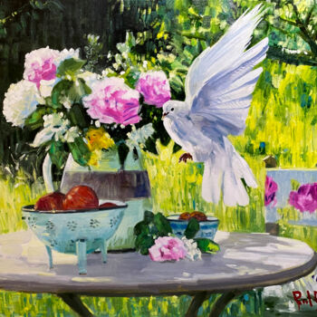 Schilderij getiteld "Pigeon and Rose" door Paul Cheng, Origineel Kunstwerk, Olie Gemonteerd op Frame voor houten brancard