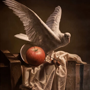 Painting titled "Pigeon and Apple" by Paul Cheng, Original Artwork, Oil Mounted on Wood Stretcher frame