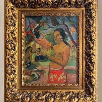Painting titled "Woman holding a fru…" by Paul Gauguin, Original Artwork, Oil Mounted on Wood Stretcher frame