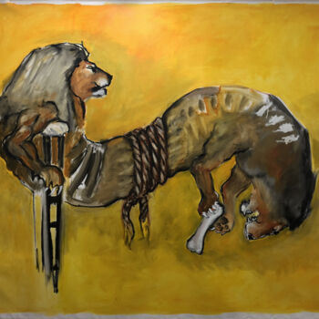Pintura intitulada "Lions attachés" por Paul Grégoire, Obras de arte originais, Óleo