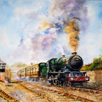 Ζωγραφική με τίτλο "Old Smoky Train on…" από Paula Bridges, Αυθεντικά έργα τέχνης, Ακουαρέλα Τοποθετήθηκε στο Άλλος άκαμπτος…