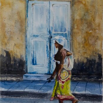 Malerei mit dem Titel "African Mother Walk…" von Paula Bridges, Original-Kunstwerk, Aquarell Auf Andere starre Platte montie…