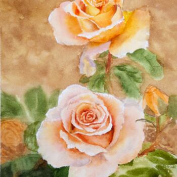 Painting titled "Salmon Roses in Wat…" by Paula Bridges, Original Artwork, Watercolor Mounted on Other rigid panel