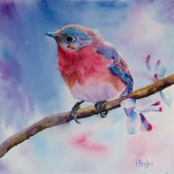 Malerei mit dem Titel "Bluebird on Branch…" von Paula Bridges, Original-Kunstwerk, Aquarell Auf Andere starre Platte montiert