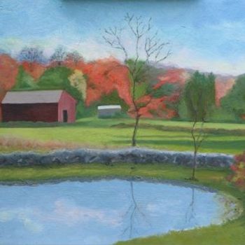 Schilderij getiteld "The Farm in Autumn" door Paula Emery, Origineel Kunstwerk, Olie