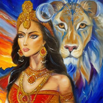 Painting titled "Durga and lion" by Pauline Cazes, Original Artwork, Oil Mounted on Wood Stretcher frame
