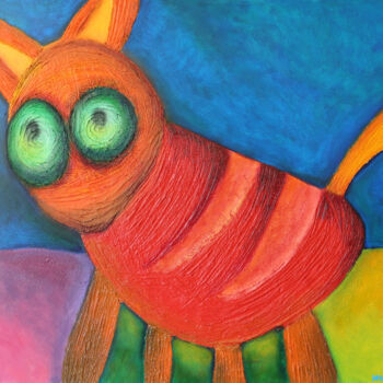 Painting titled "the red cat" by Paul Megens, Original Artwork, Acrylic Mounted on Aluminium