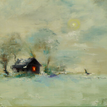 Painting titled "winter, hot tea" by Pavel Filin, Original Artwork, Oil Mounted on Wood Stretcher frame