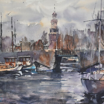 Painting titled "Violet Canal" by Pawel Gladkow, Original Artwork, Watercolor