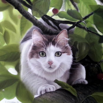 Malerei mit dem Titel "Chat dans l'arbre" von Cathy Cheneau, Original-Kunstwerk, Pastell