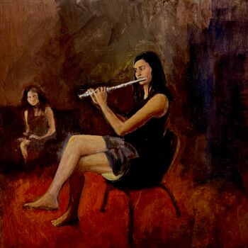 Pintura intitulada "Girl With Flute" por Peter Babakitis, Obras de arte originais, Óleo