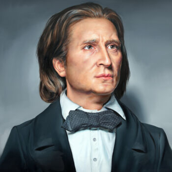 Malerei mit dem Titel "Composer Franz Liszt" von Peter Duhaj, Original-Kunstwerk, Öl Auf Keilrahmen aus Holz montiert