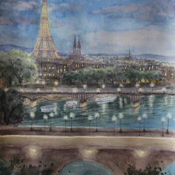 Malarstwo zatytułowany „A Night in Paris” autorstwa Peter Lee, Oryginalna praca, Akwarela