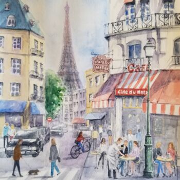 Malarstwo zatytułowany „Cafe Du Metro, Paris” autorstwa Peter Lee, Oryginalna praca, Akwarela