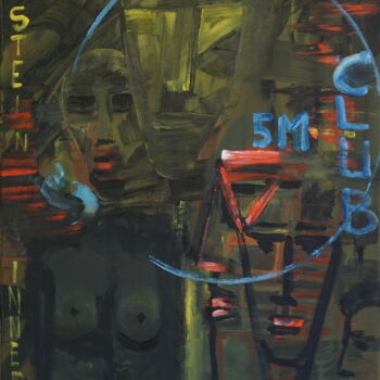 Schilderij getiteld "5M Club" door Peter Stutz, Origineel Kunstwerk, Olie Gemonteerd op Frame voor houten brancard