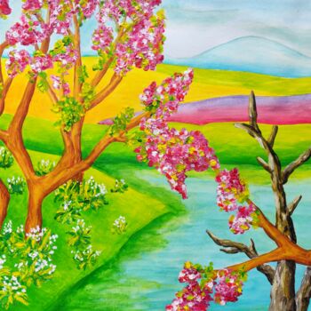 Painting titled "Blossoming cherry t…" by Peter Vamosi, Original Artwork, Acrylic