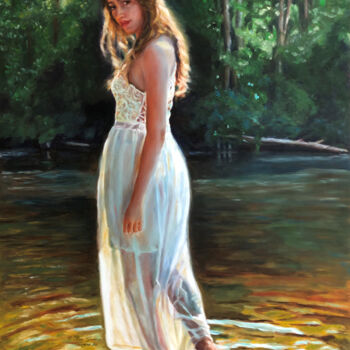 Painting titled "Longing is a river" by Petra Gruiters, Original Artwork, Oil Mounted on Wood Panel