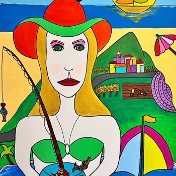 Painting titled "La pêcheuse au gran…" by Philippe Seigle, Original Artwork, Acrylic Mounted on Wood Stretcher frame