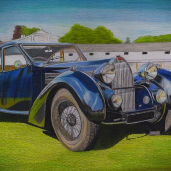 「Bugatti 57 (1939)」というタイトルの描画 Pierre Bayetによって, オリジナルのアートワーク, 鉛筆
