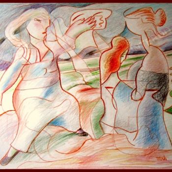 Drawing titled "Les Bretonnes" by Pierre-Louis Torres, Original Artwork, Conté