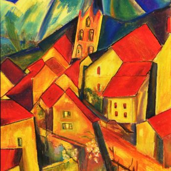 Peinture intitulée "village et clocher…" par Pierre Kuentz, Œuvre d'art originale