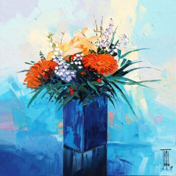 Pittura intitolato "Fleurs au vase bleu" da Pierrick Tual, Opera d'arte originale, Olio