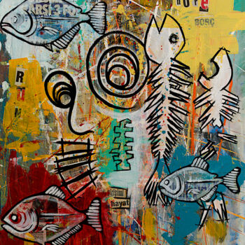 绘画 标题为“Fish face mash-up” 由Simon Houlton, 原创艺术品, 丙烯 安装在木质担架架上