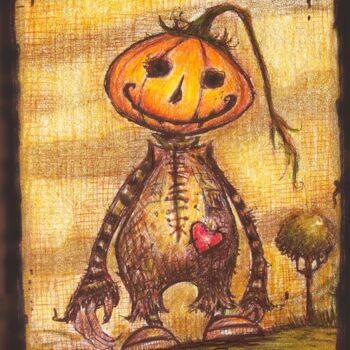 Drawing titled "Pumpkin Head   - st…" by Pilar Agrelo Art Studio, Original Artwork, Ink