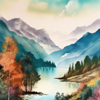 Arts numériques intitulée "Mountains lake" par Piotr Alaborski, Œuvre d'art originale, Aquarelle