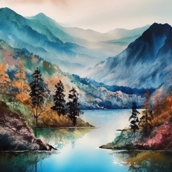 Digital Arts με τίτλο "Mountains lake #11" από Piotr Alaborski, Αυθεντικά έργα τέχνης, Ακουαρέλα